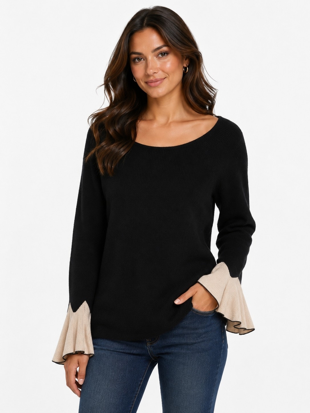 Nic+Zoe Black Sweater with Contrast Bell Cuffs - Size M
